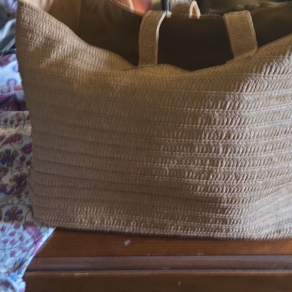 Weekend Embroidered Straw Tote - Beige with Orange Lettering - Picture 2 of 3